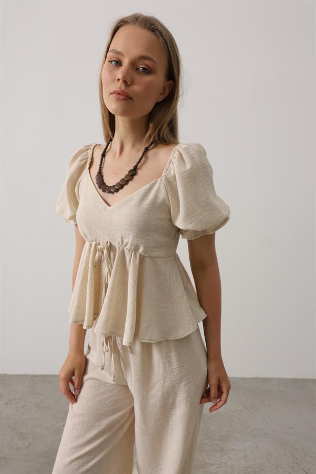 RYN Bow Tie Half Balloon Sleeve Suit - Beige - Waukegan