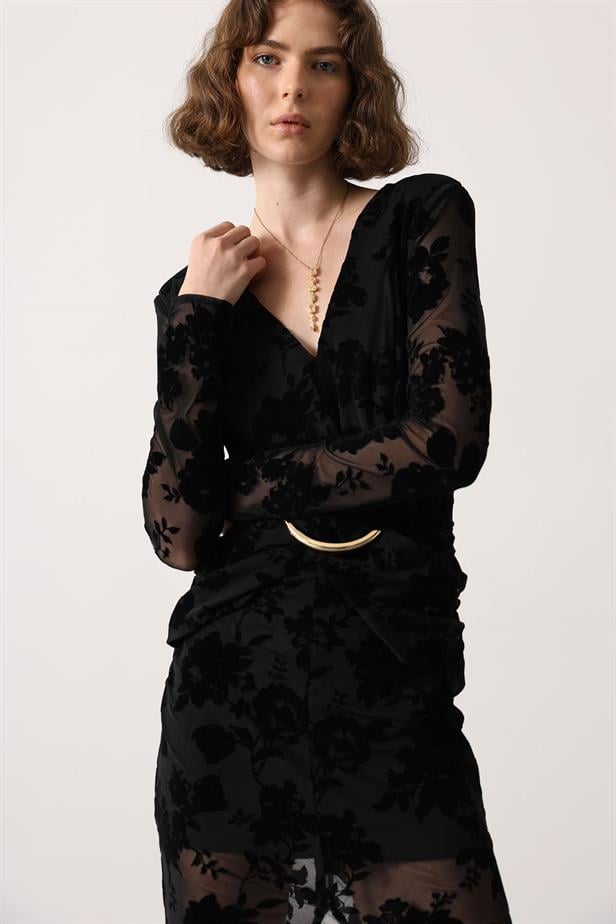 RYN FLOKLU GOLD DETAYLI ELBİSE - Siyah - Acilia