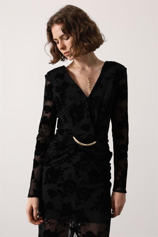 RYN FLOKLU GOLD DETAYLI ELBİSE - Siyah - Acilia