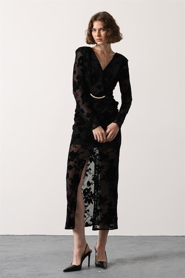 RYN FLOKLU GOLD DETAYLI ELBİSE - Siyah - Acilia