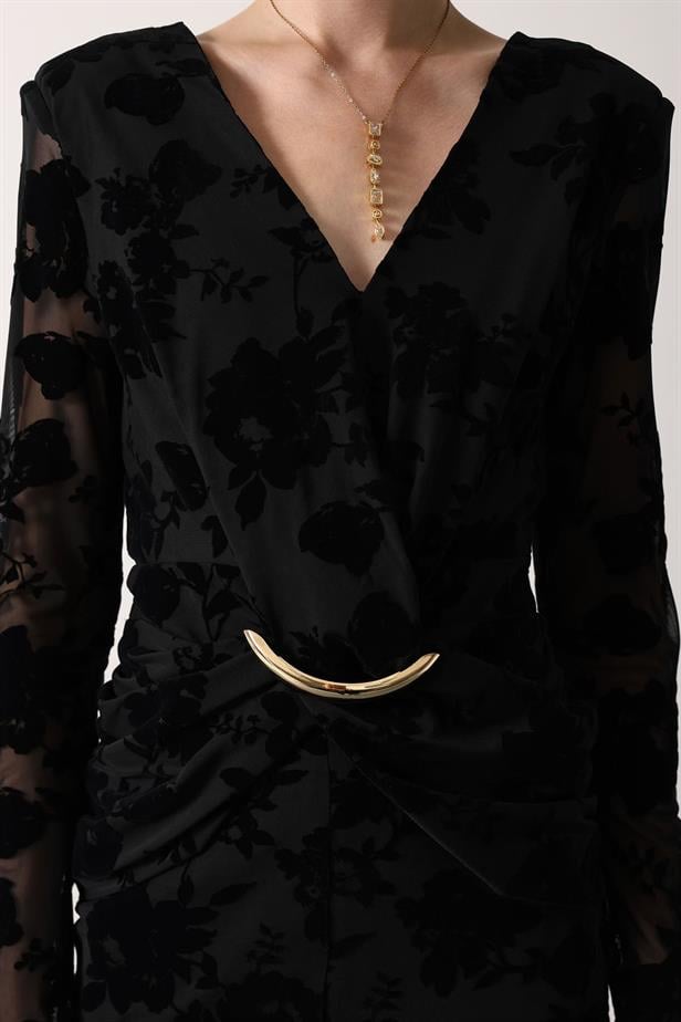 RYN FLOKLU GOLD DETAYLI ELBİSE - Siyah - Acilia