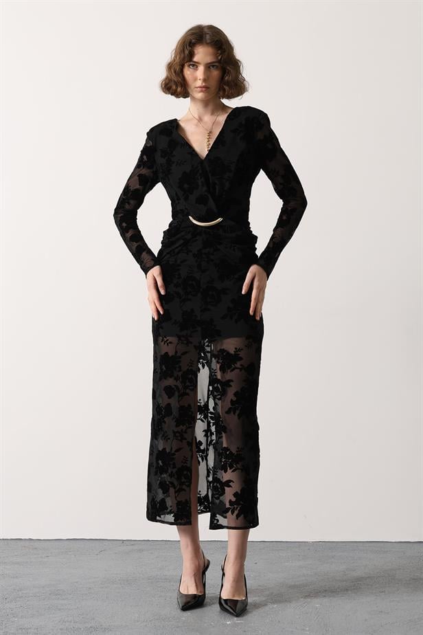 RYN FLOKLU GOLD DETAYLI ELBİSE - Siyah - Acilia