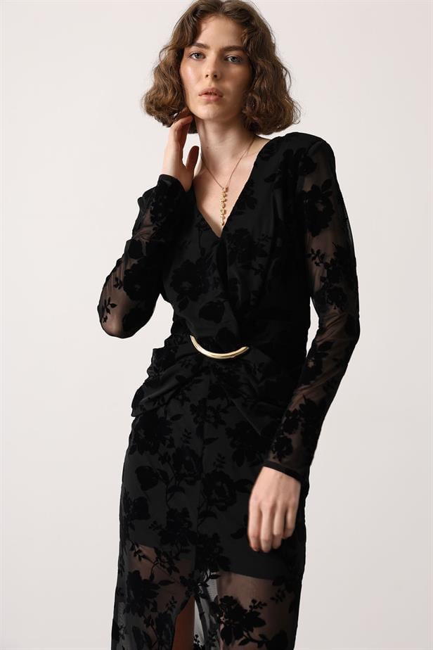 RYN FLOKLU GOLD DETAYLI ELBİSE - Siyah - Acilia