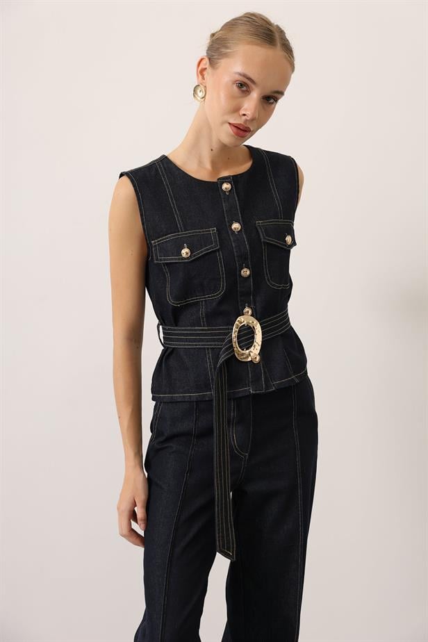 RYN GOLD DETAILED DENIM SUIT - Navy - Bury Saint Edmunds