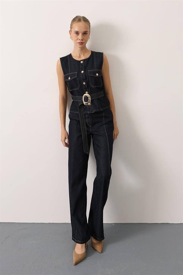 RYN GOLD DETAILED DENIM SUIT - Navy - Bury Saint Edmunds