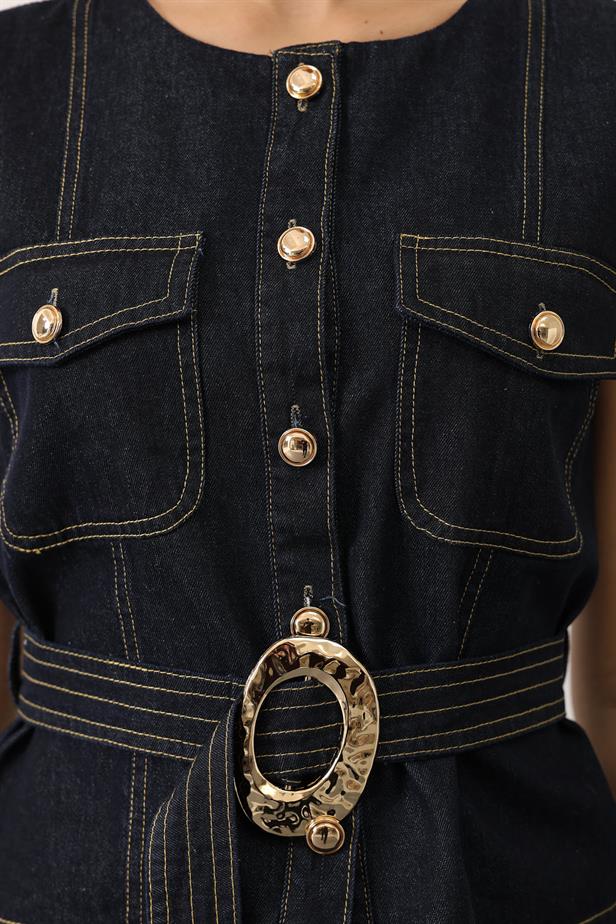 RYN GOLD DETAILED DENIM SUIT - Navy - Bury Saint Edmunds