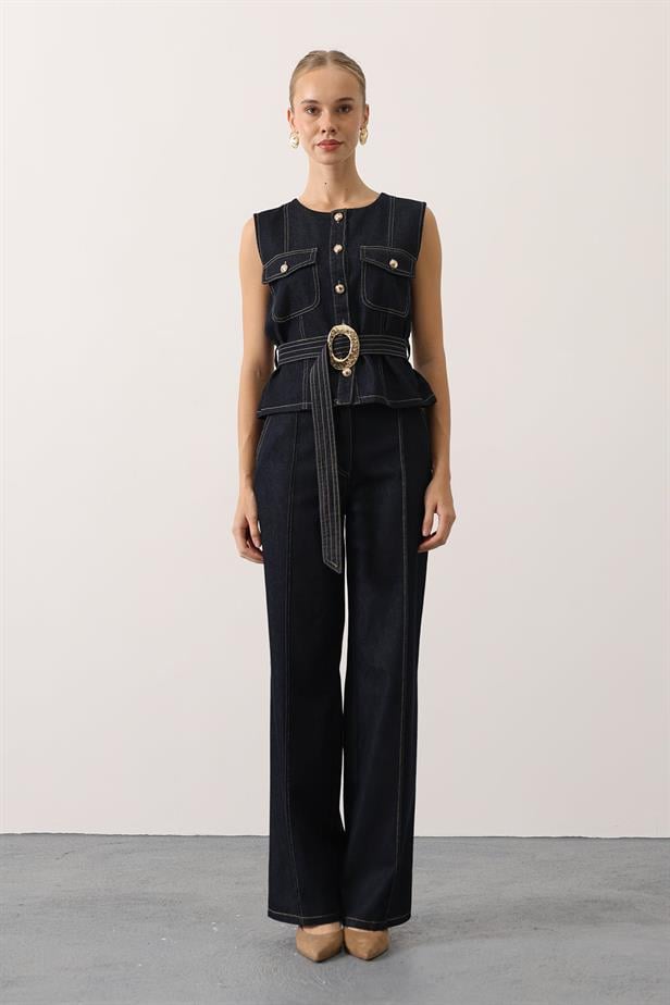 RYN GOLD DETAILED DENIM SUIT - Navy - Bury Saint Edmunds