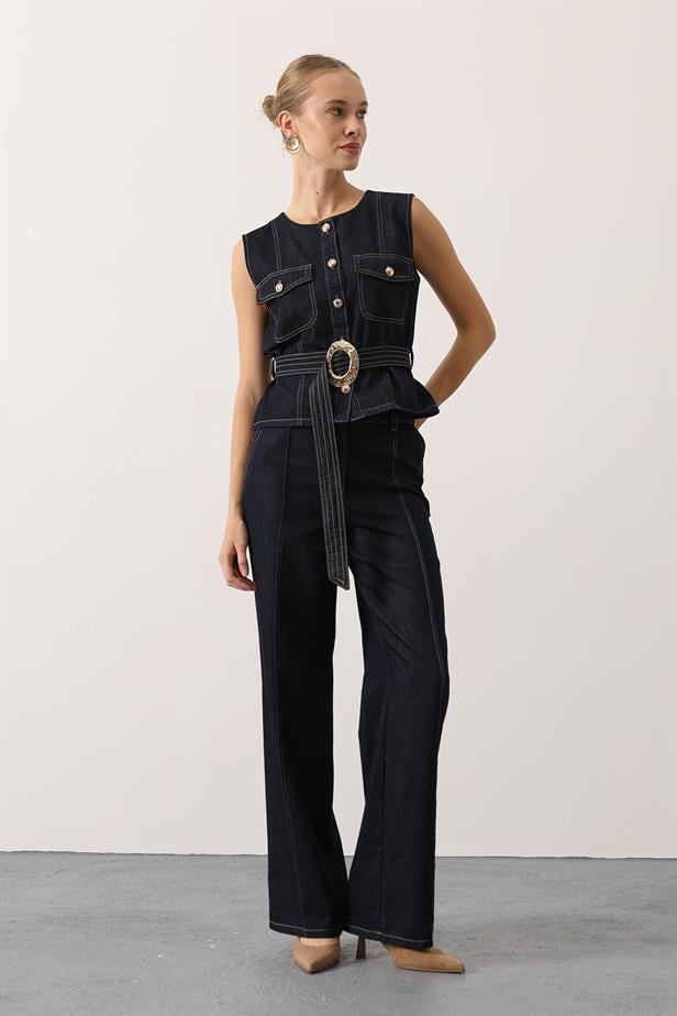 RYN GOLD DETAILED DENIM SUIT - Navy - Bury Saint Edmunds