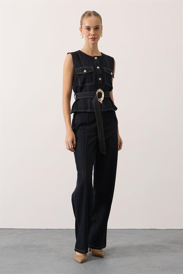 RYN GOLD DETAILED DENIM SUIT - Navy - Bury Saint Edmunds