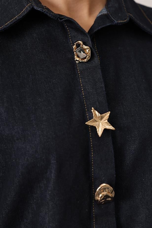 RYN GOLD DETAILED OVERSIZED DENIM SHIRT - Navy Blue - Hervey Bay