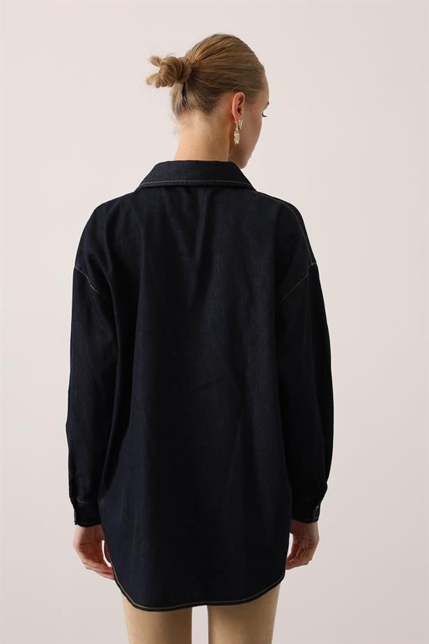 RYN GOLD DETAILED OVERSIZED DENIM SHIRT - Navy Blue - Hervey Bay