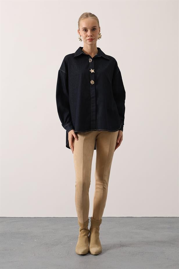 RYN GOLD DETAILED OVERSIZED DENIM SHIRT - Navy Blue - Hervey Bay