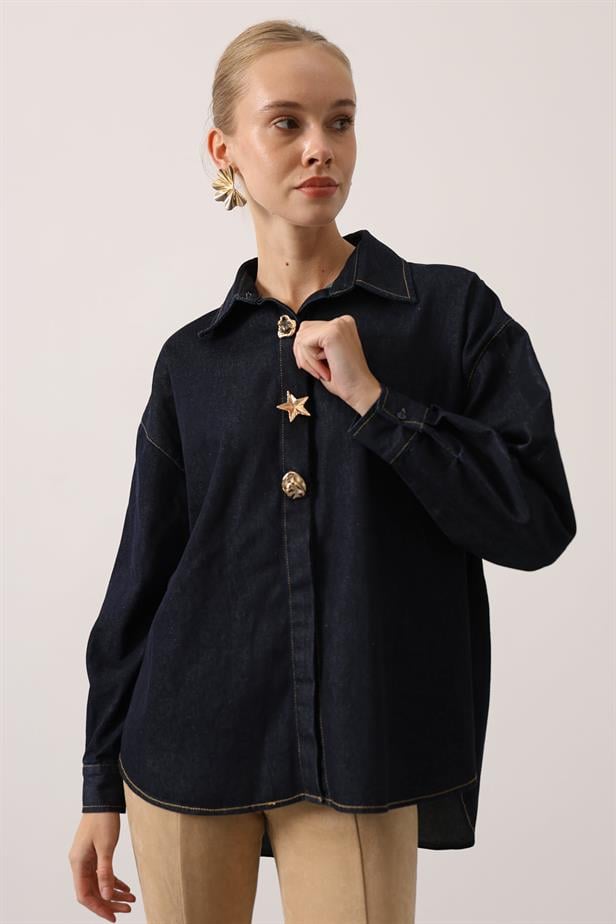 RYN GOLD DETAILED OVERSIZED DENIM SHIRT - Navy Blue - Hervey Bay