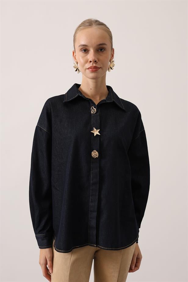 RYN GOLD DETAILED OVERSIZED DENIM SHIRT - Navy Blue - Hervey Bay