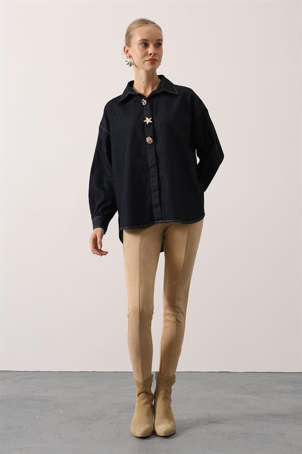 RYN GOLD DETAILED OVERSIZED DENIM SHIRT - Navy Blue - Hervey Bay