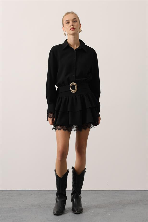 RYN GOLD BELTED LACE DETAILED DRESS - Black - Caldwell