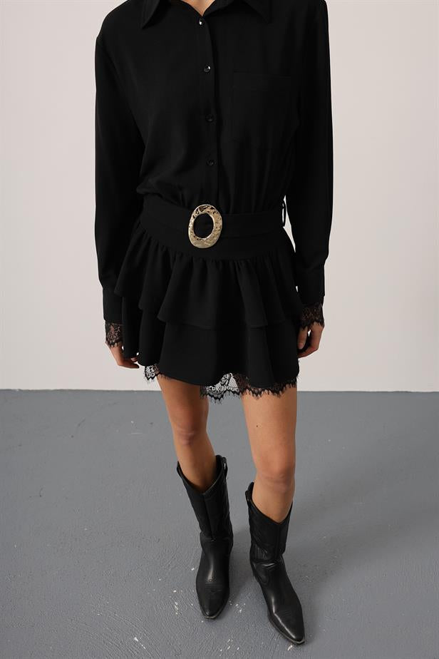 RYN GOLD BELTED LACE DETAILED DRESS - Black - Caldwell