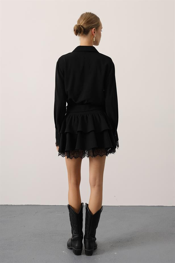 RYN GOLD BELTED LACE DETAILED DRESS - Black - Caldwell