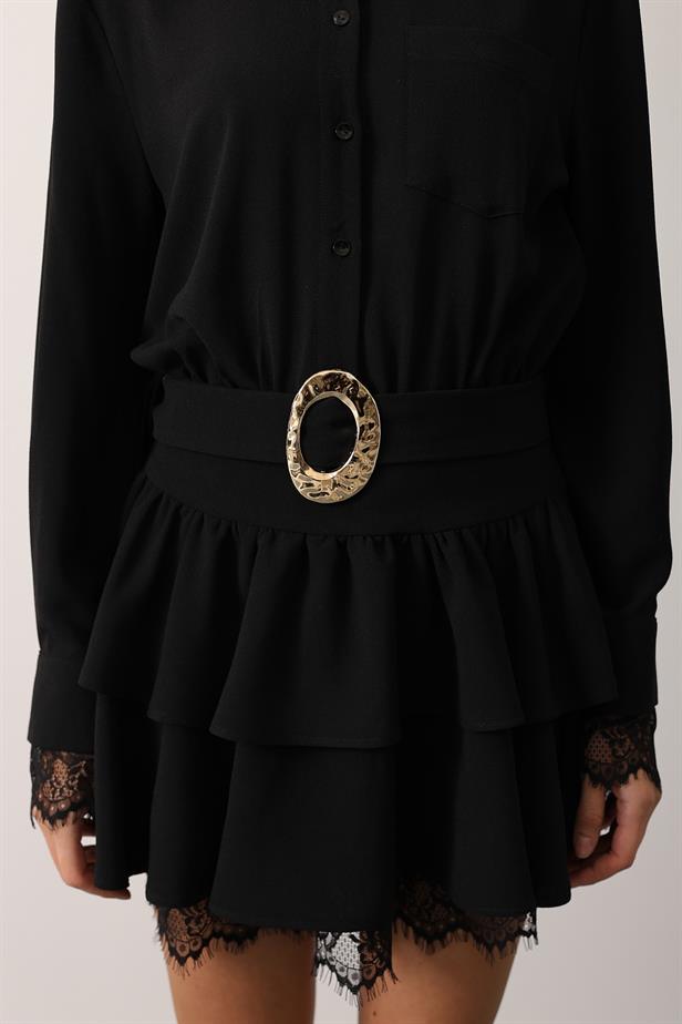 RYN GOLD BELTED LACE DETAILED DRESS - Black - Caldwell