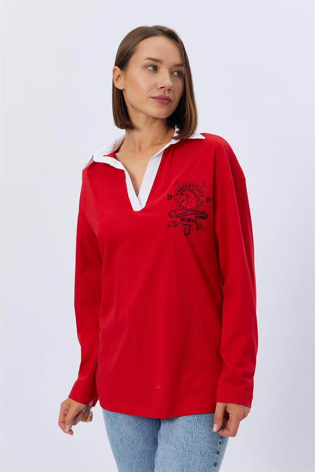 RYN Shirt Collar Long Sleeve T-shirt - RED - Lancaster