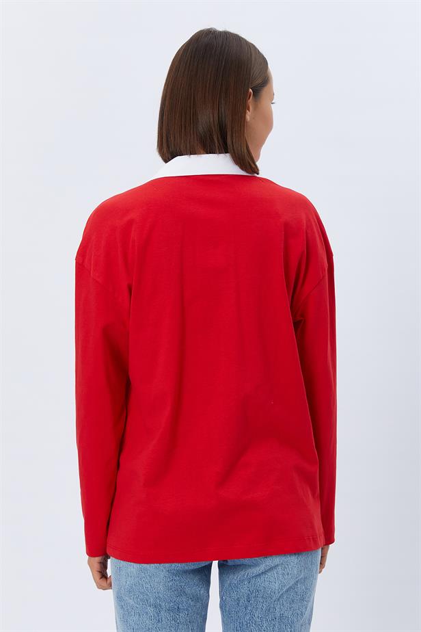 RYN Shirt Collar Long Sleeve T-shirt - RED - Lancaster