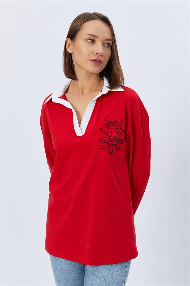 RYN Shirt Collar Long Sleeve T-shirt - RED - Lancaster