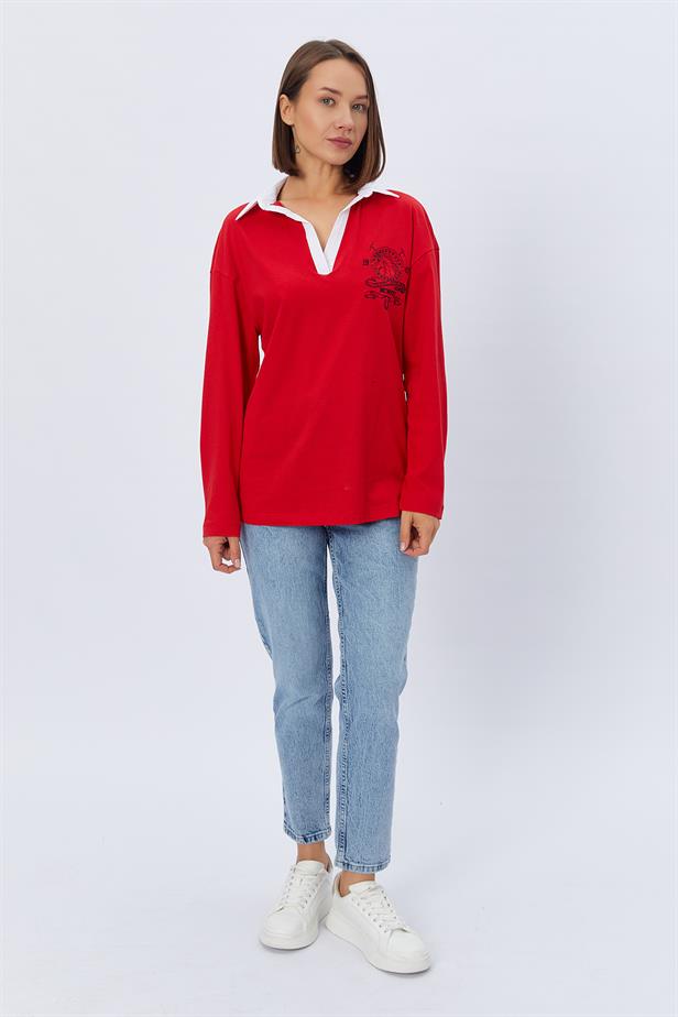 RYN Shirt Collar Long Sleeve T-shirt - RED - Lancaster