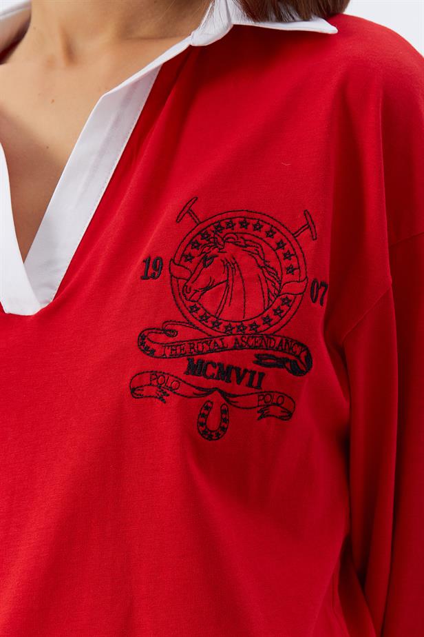 RYN Shirt Collar Long Sleeve T-shirt - RED - Lancaster