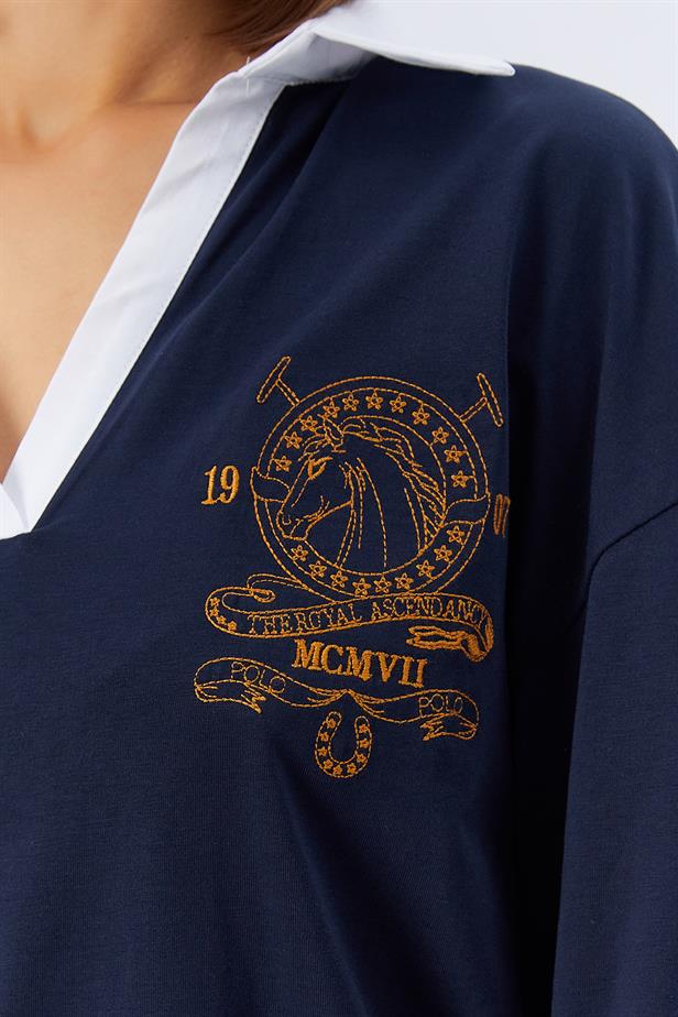 RYN Shirt Collar Long Sleeve T-shirt - NAVY - Naucalpan de Juárez