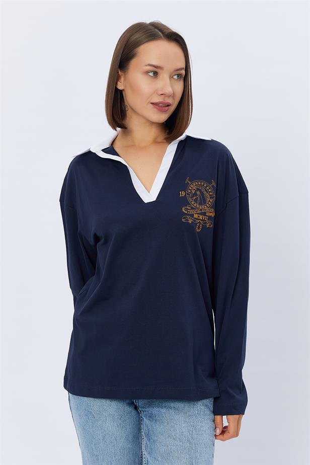 RYN Shirt Collar Long Sleeve T-shirt - NAVY - Naucalpan de Juárez