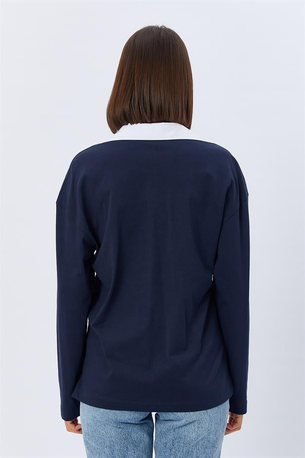 RYN Shirt Collar Long Sleeve T-shirt - NAVY - Naucalpan de Juárez