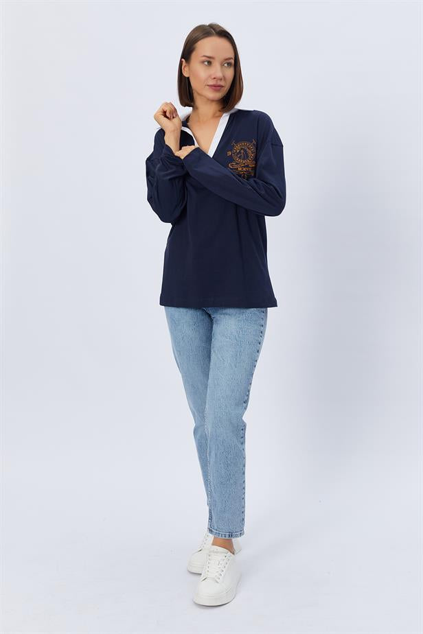 RYN Shirt Collar Long Sleeve T-shirt - NAVY - Naucalpan de Juárez