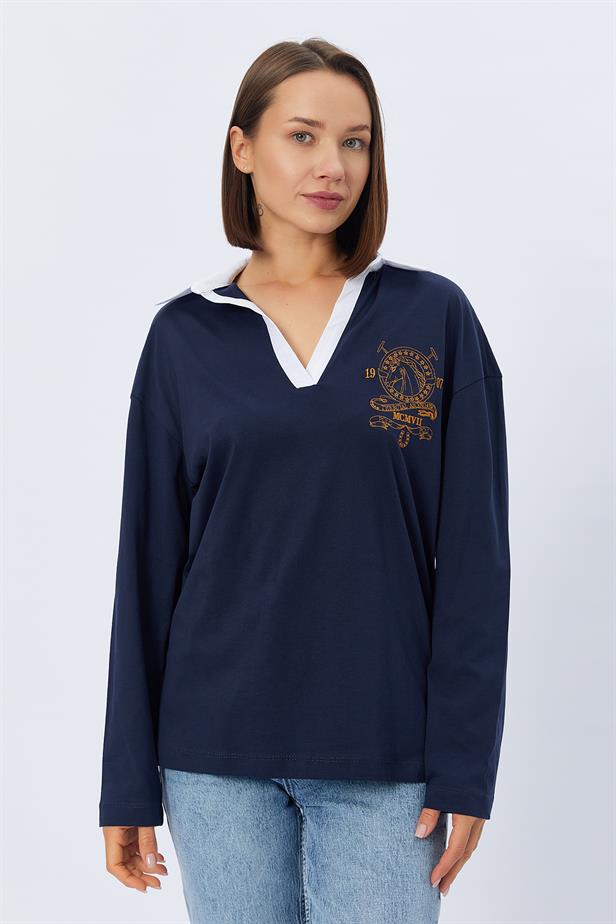 RYN Shirt Collar Long Sleeve T-shirt - NAVY - Naucalpan de Juárez