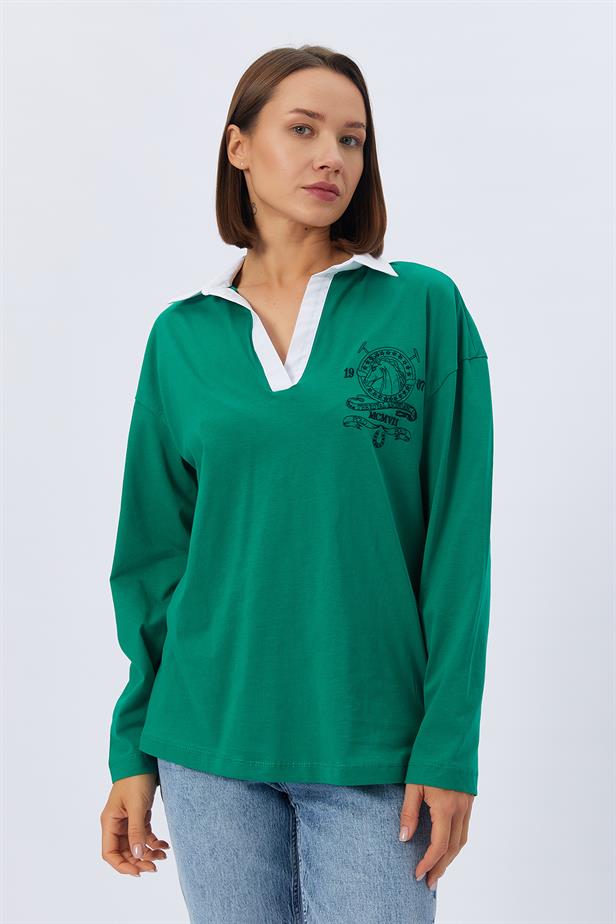 RYN Shirt Collar Long Sleeve T-shirt - GREEN - Alcorcón