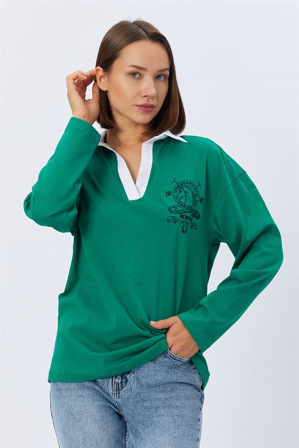 RYN Shirt Collar Long Sleeve T-shirt - GREEN - Alcorcón