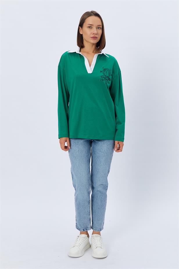 RYN Shirt Collar Long Sleeve T-shirt - GREEN - Alcorcón