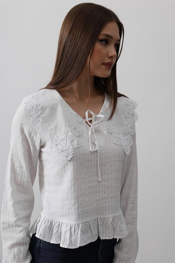 RYN Embroidered Baby Collar Blouse - White - Fayetteville