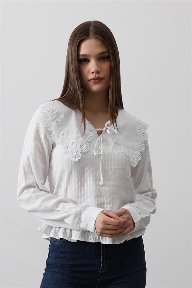 RYN Embroidered Baby Collar Blouse - White - Fayetteville