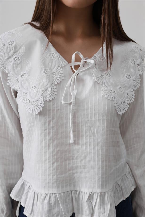RYN Embroidered Baby Collar Blouse - White - Fayetteville