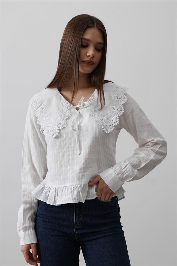RYN Embroidered Baby Collar Blouse - White - Fayetteville