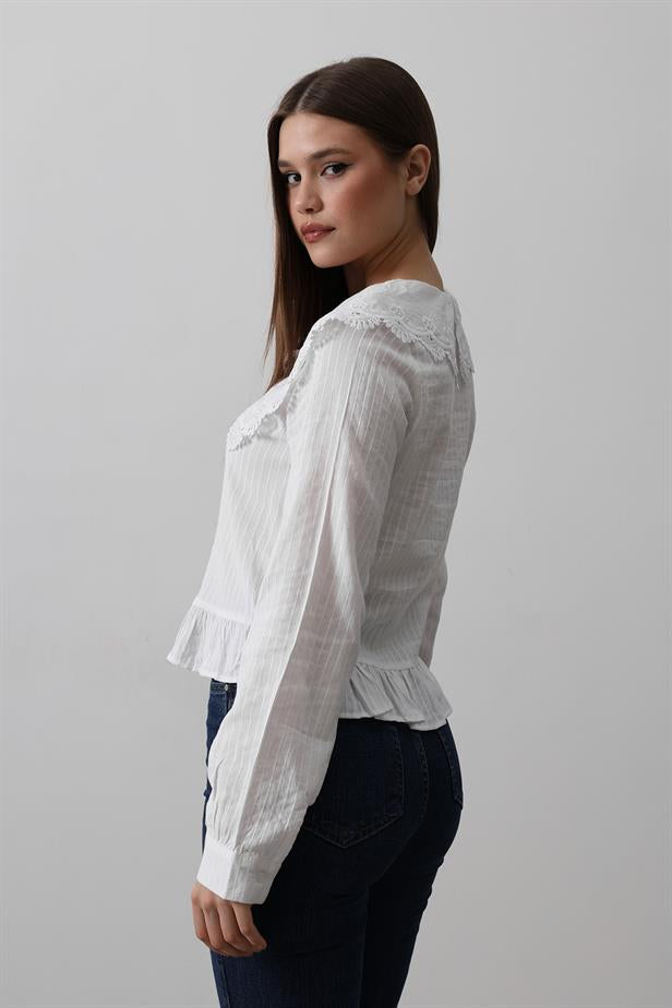 RYN Embroidered Baby Collar Blouse - White - Fayetteville
