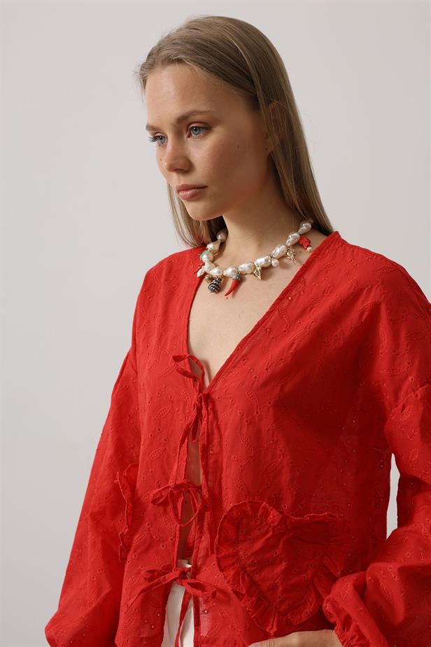 RYN Heart Detailed Lace-Up Broderie Blouse - Red - Warrington