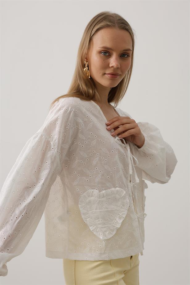 RYN Heart Detailed Tied Brocade Blouse - White - Alameda
