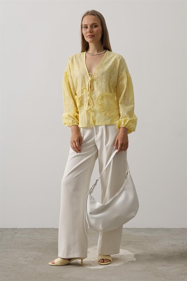 RYN Heart Detailed Tied Brode Blouse - Yellow - Palm Bay