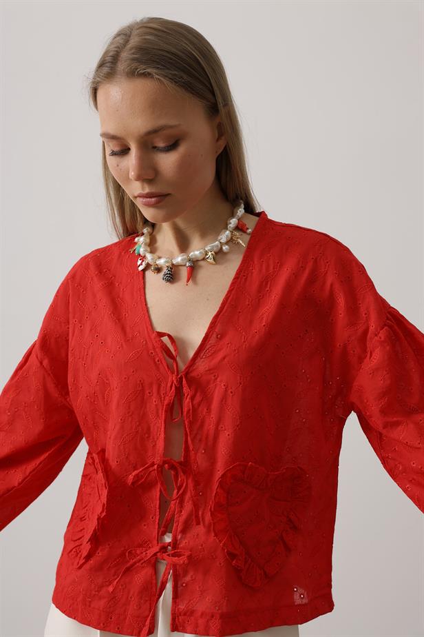 RYN Heart Detailed Lace-Up Broderie Blouse - Red - Warrington