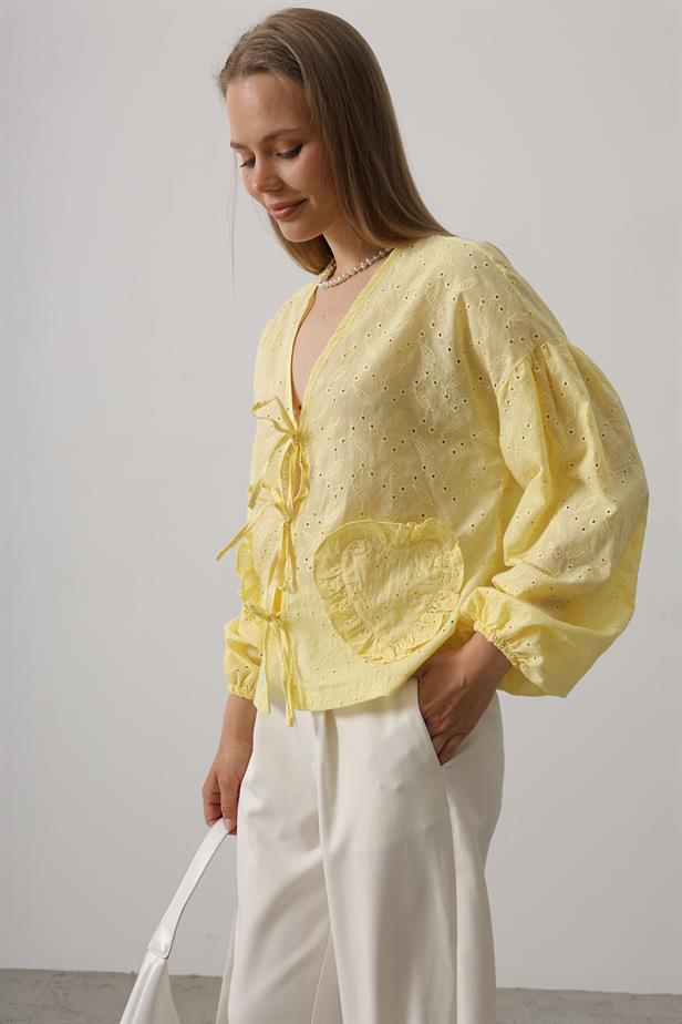 RYN Heart Detailed Tied Brode Blouse - Yellow - Palm Bay