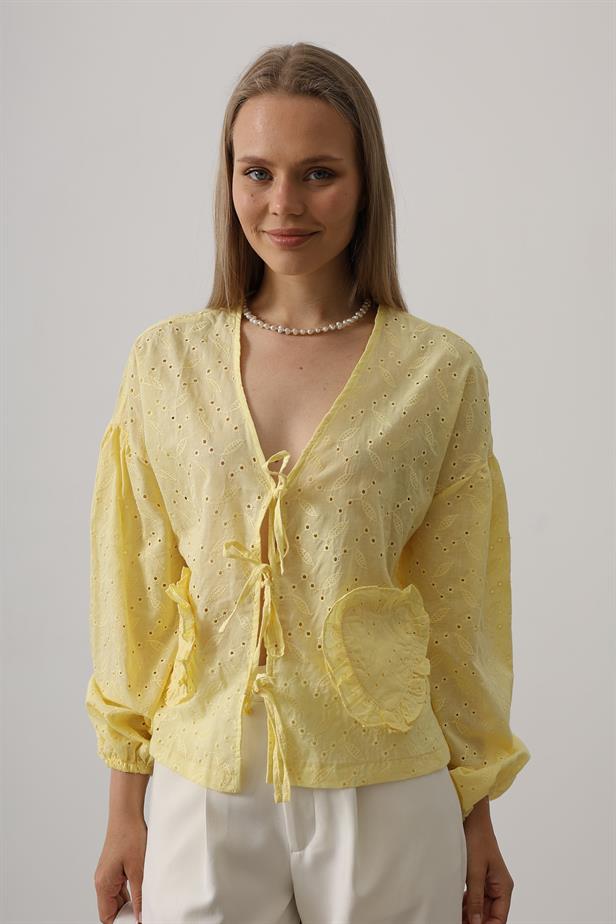 RYN Heart Detailed Tied Brode Blouse - Yellow - Palm Bay