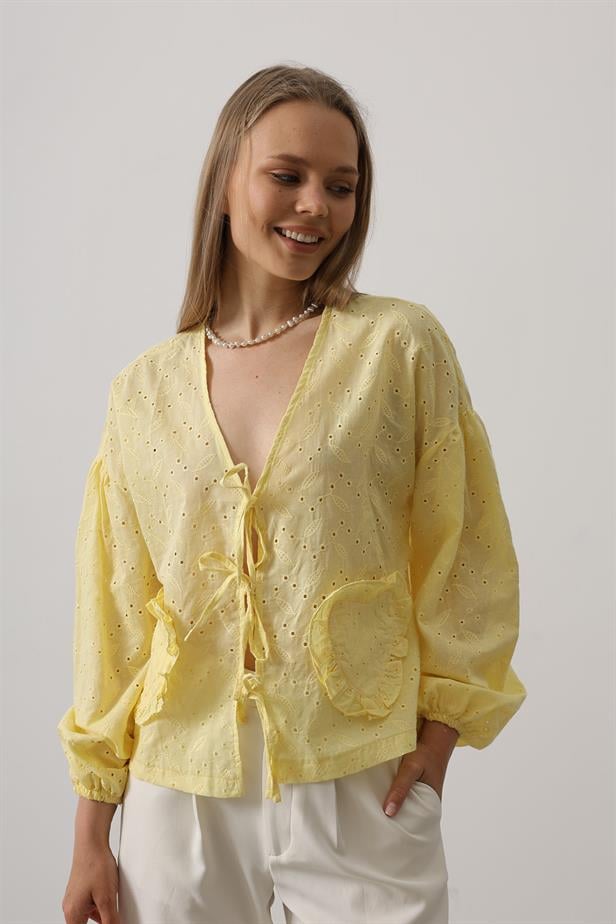 RYN Heart Detailed Tied Brode Blouse - Yellow - Palm Bay