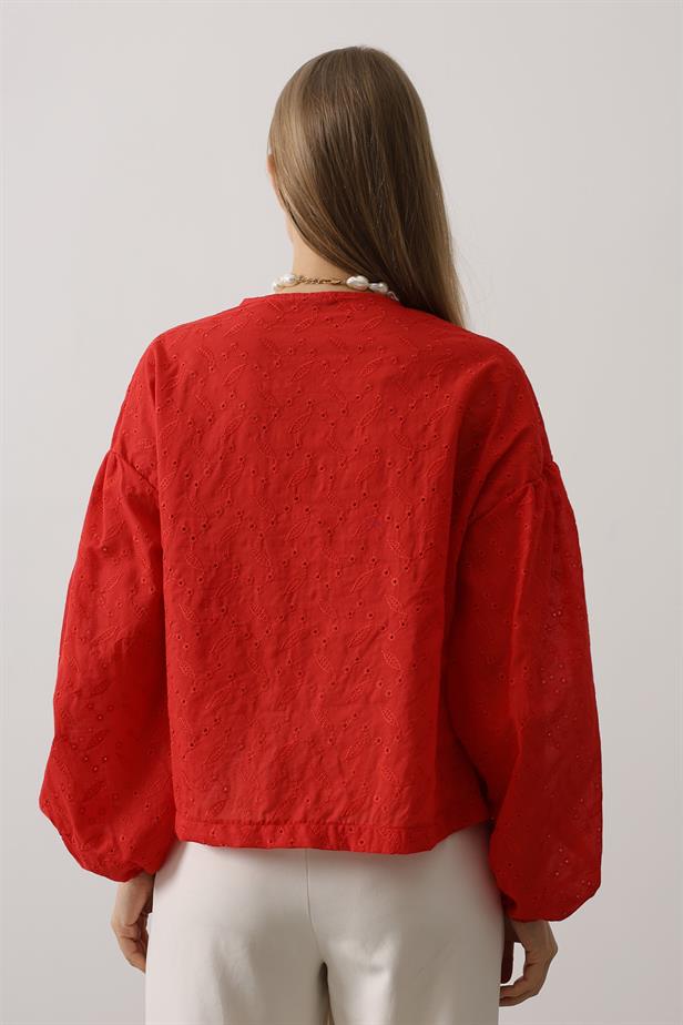 RYN Heart Detailed Lace-Up Broderie Blouse - Red - Warrington
