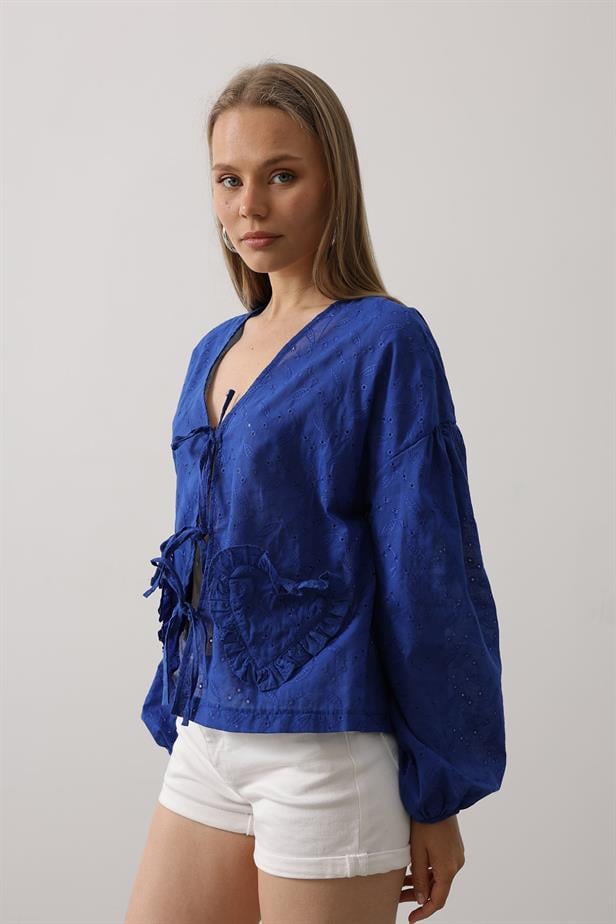 RYN Heart Detailed Tied Brode Blouse - Blue - Ossining